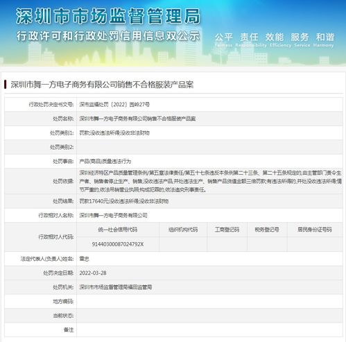 销售不合格服装产品 深圳市舞一方电子商务有限公司被处罚